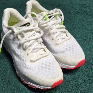 Under Armour Women's White Running Shoes with Neon Green and Coral Accents